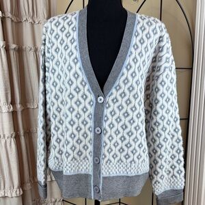 Cupcakes and Cashmere Blue Gray Cardigan Diamond Print Grandma Sweater Sz XL